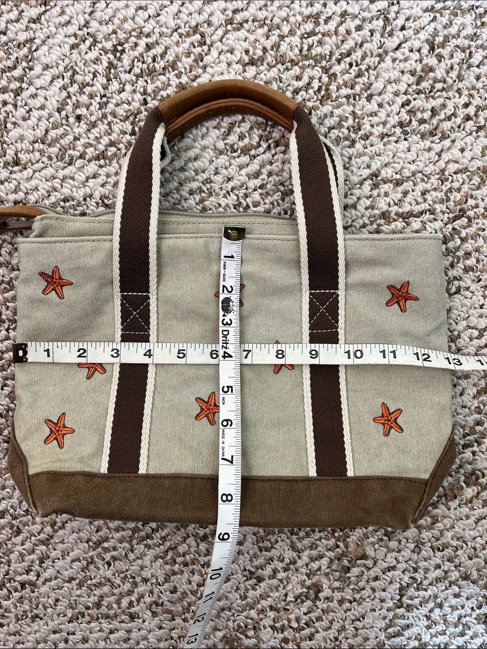 L.L. BEAN VINTAGE SMALL ZIP TOP CANVAS STARFISH EMBROIDERED TOTE LEATHER TRIM - Picture 14 of 16